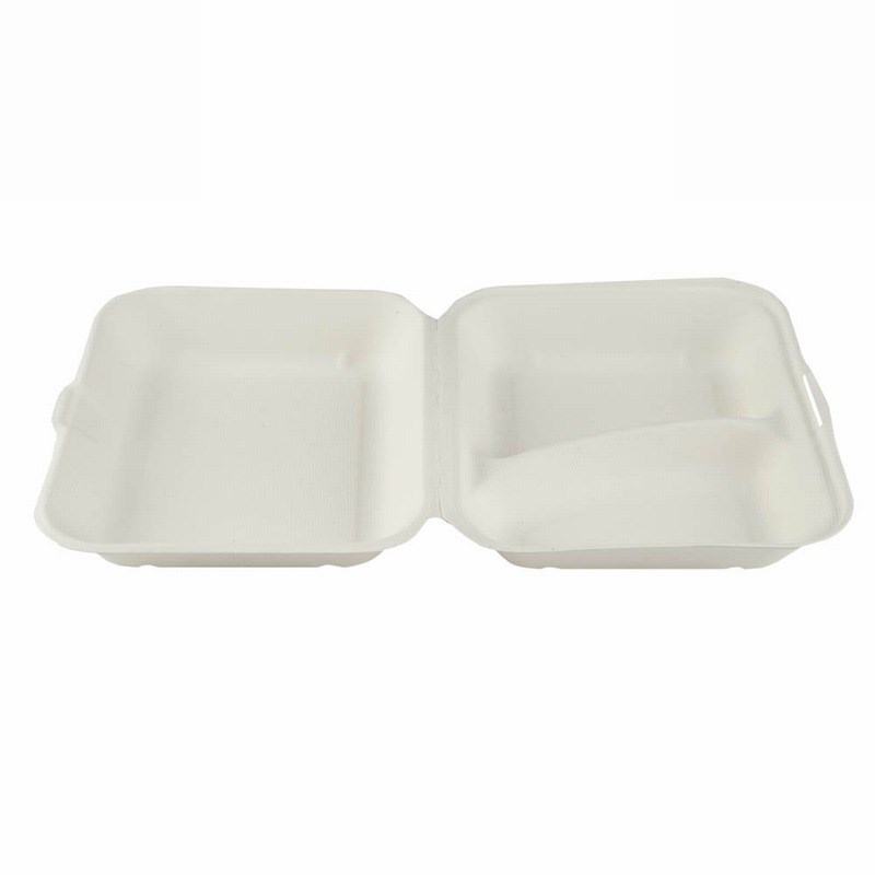 Large White Compostable Sugarcane Bagasse 2 Compartment Food Box