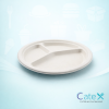 Bulk 500 pack of 10-inch white 3-compartment plates made from compostable sugarcane bagasse