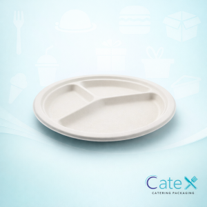 Bulk 500 pack of 10-inch white 3-compartment plates made from compostable sugarcane bagasse