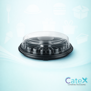Bulk 50 pack of 12-inch Caterware Smartlock platters with flat black bases and secure clear lids