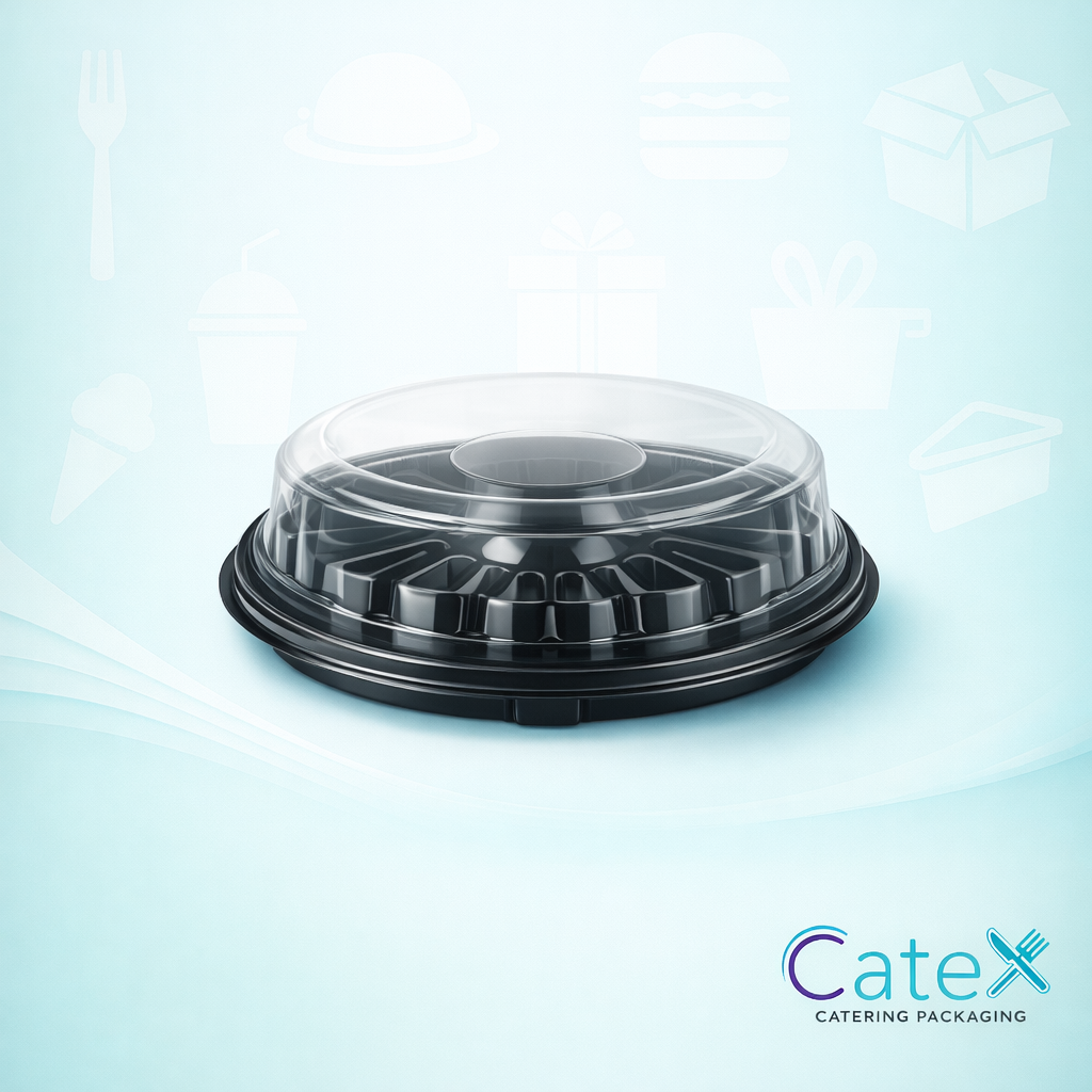Bulk 50 pack of 12-inch Caterware Smartlock platters with flat black bases and secure clear lids