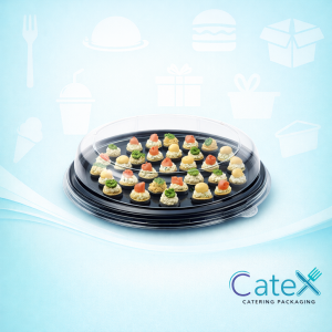 Bulk 50 pack of 12-inch round black catering platters with clear high-dome lids