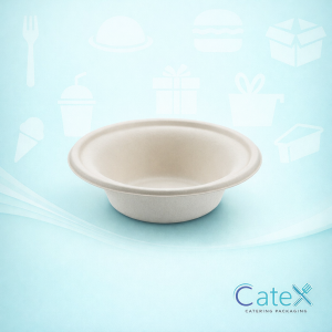 Stack of 12oz 340ml fully compostable round bowls made from natural sugarcane bagasse