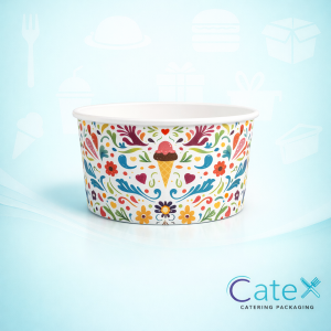 Decorative 5oz paper ice cream scoop cups with a stylish Love printed design in a bulk 1400 pack