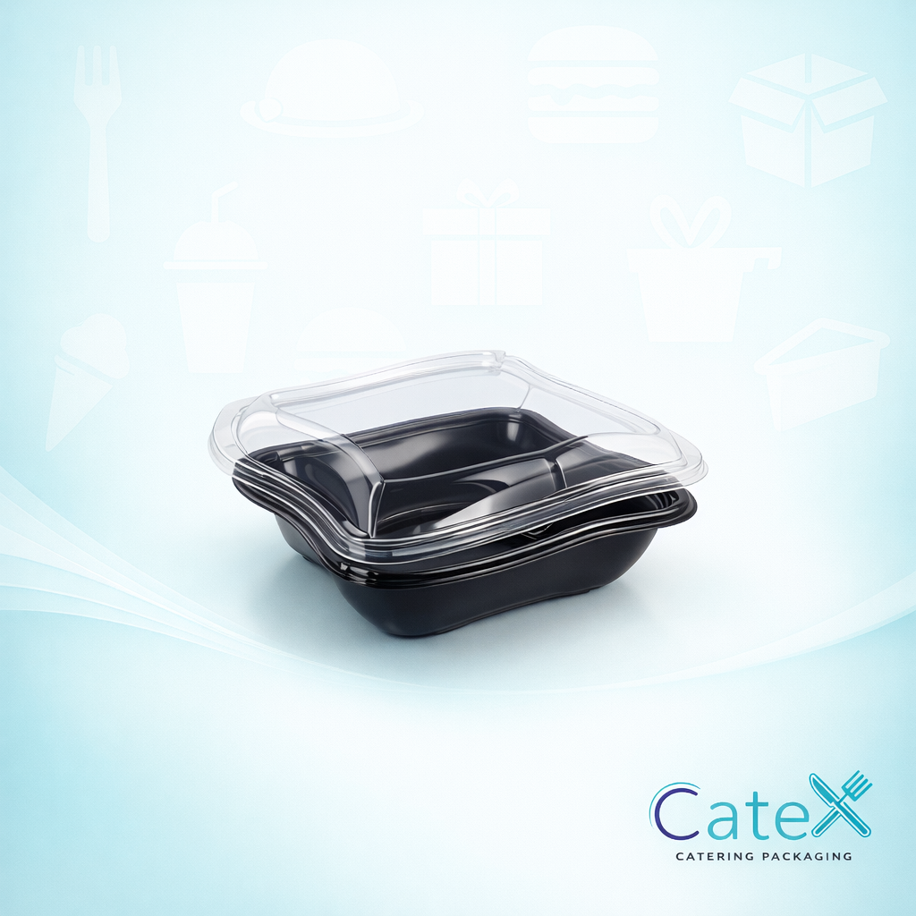 Bulk pack of 400 750ml clear wave style salad bowls with black bases and clear lids