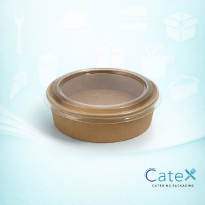 Bulk pack of 300 fully compostable 900ml brown kraft salad bowls with clear PLA lids