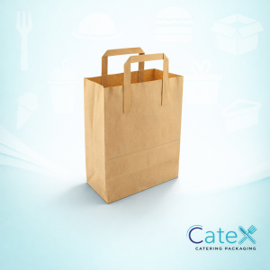 Pack of 250 small brown kraft paper carrier bags with external handles measuring 7 x 4 x 9 inches