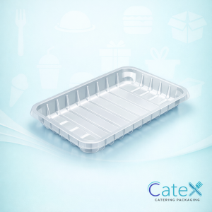 Bulk pack of 360 slim black C3d plastic food trays with integrated absorbent pads
