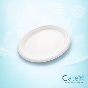 Bulk 560 pack of Chinet 9-inch white oval plates made from compostable bagasse sugarcane fibre