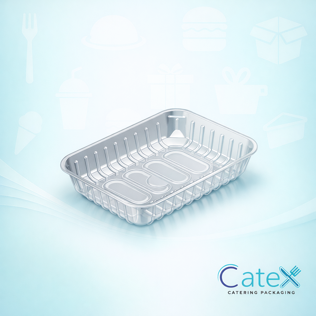 Bulk pack of 400 black D13/45 plastic food trays with integrated absorbent pads