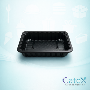 Bulk pack of 400 D13-55 deep black plastic food trays with integrated absorbent pads
