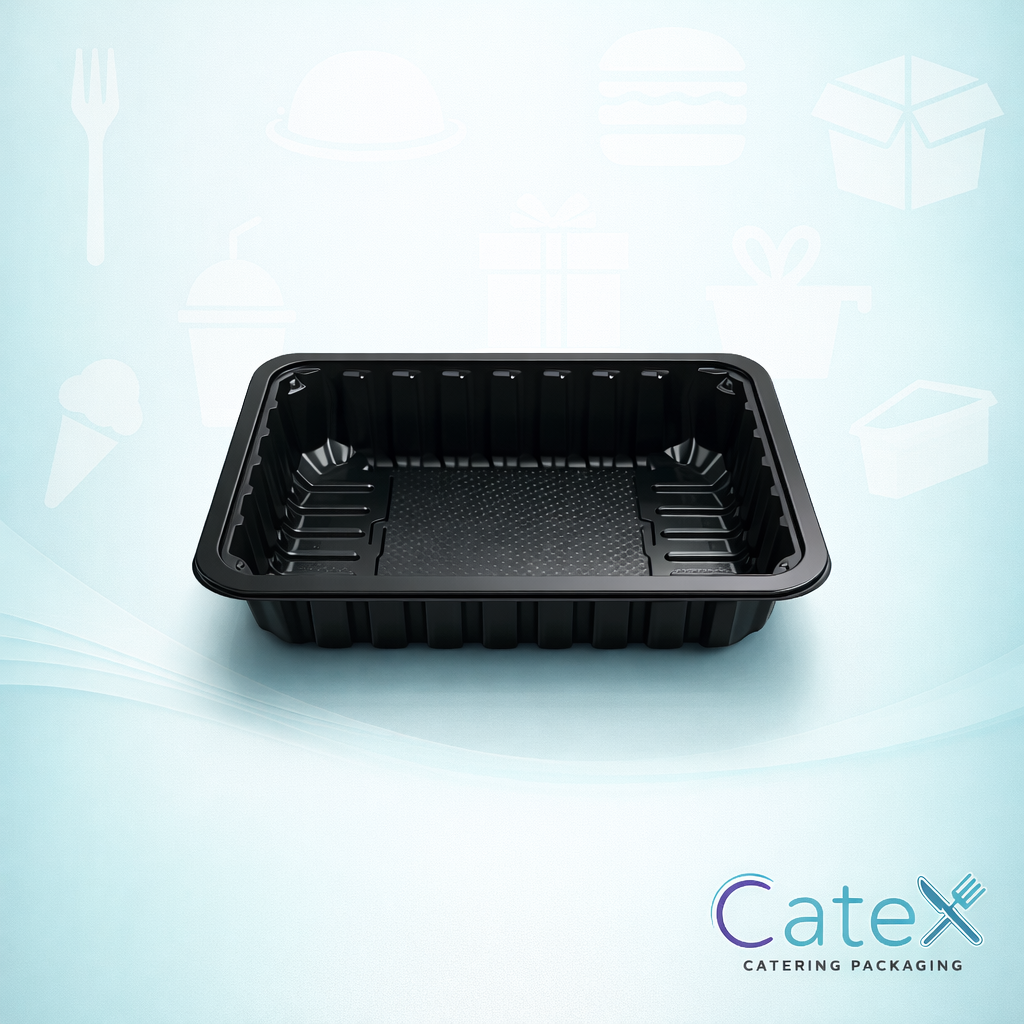 Bulk pack of 400 D13-55 deep black plastic food trays with integrated absorbent pads