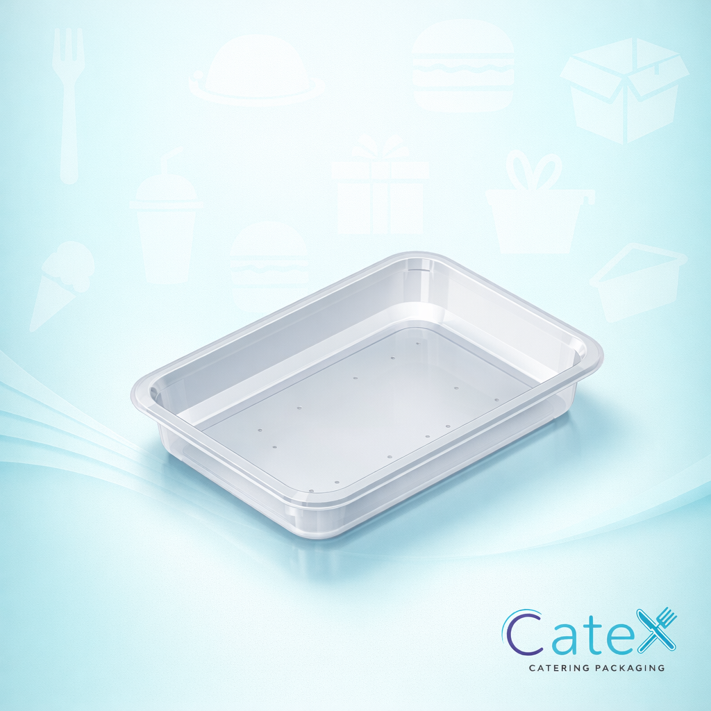 Bulk pack of 200 wide D15/37 clear plastic food trays with integrated absorbent pads