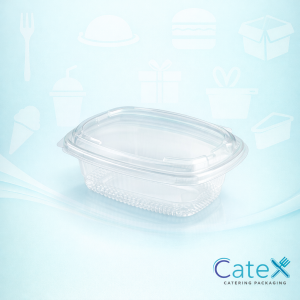 Bulk pack of 500 clear 375cc Fresco shallow plastic salad containers for retail display