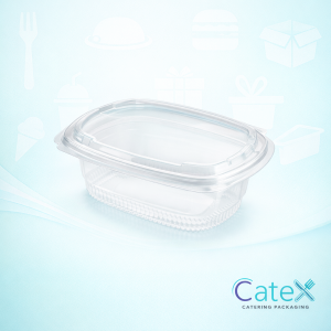 Bulk pack of 500 clear 500cc Fresco salad containers with hinged lids for retail display