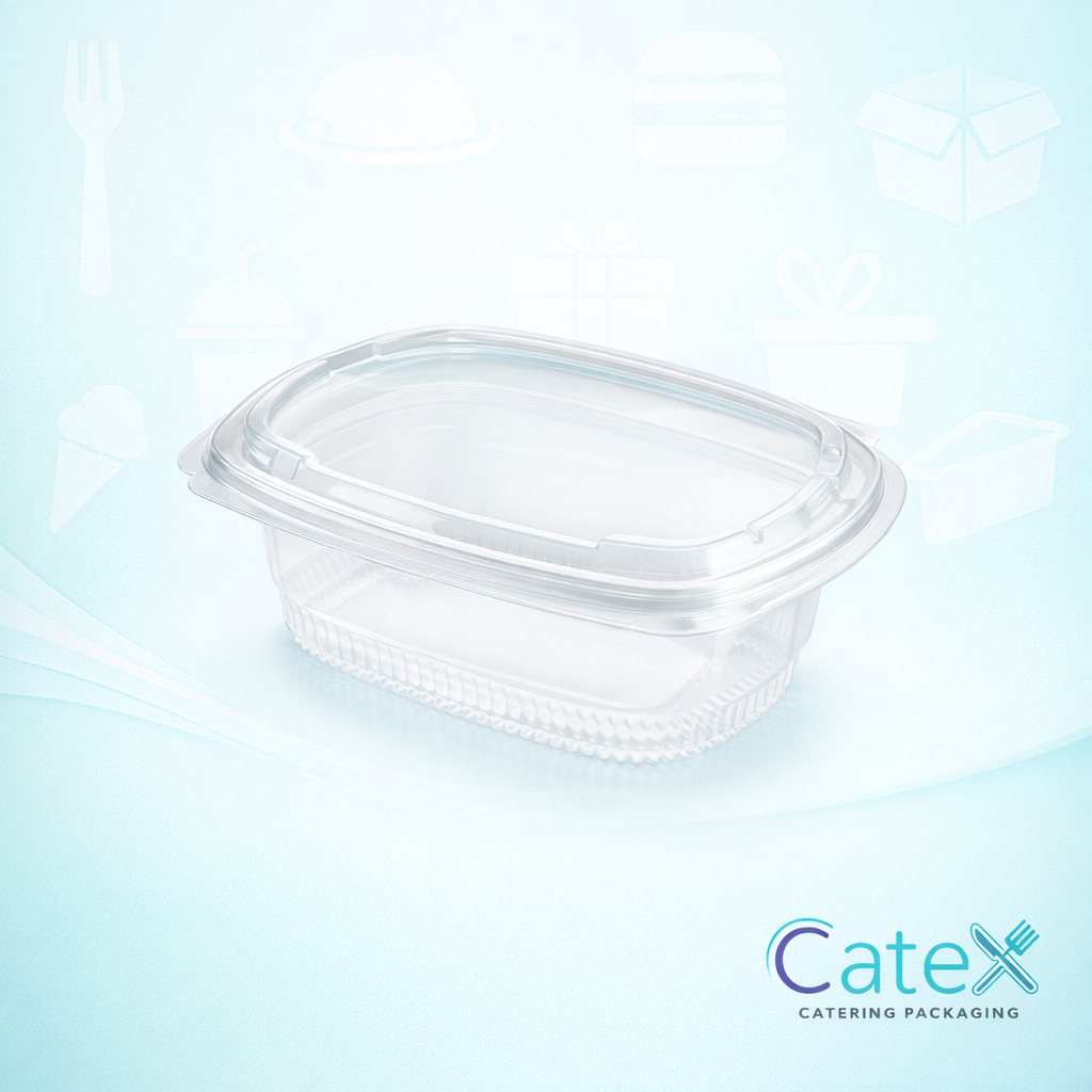 Bulk pack of 500 clear 500cc Fresco salad containers with hinged lids for retail display