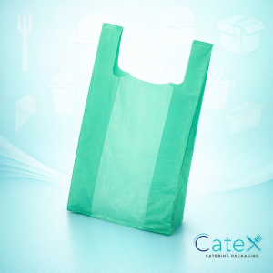 Bulk 2,000 pack of green plastic carrier bags with vest handles 300+150x580mm for greengrocers and health shops