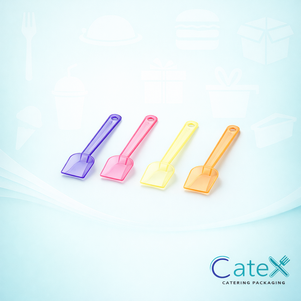 A vibrant assortment of multi-coloured plastic ice cream spades in a bulk 1000 pack
