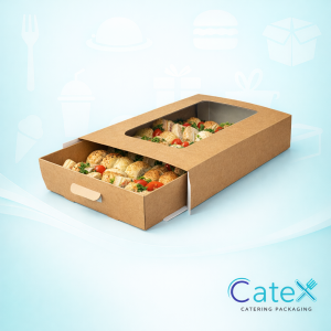 Large 482mm kraft paper catering platter box with a clear viewing window and base
