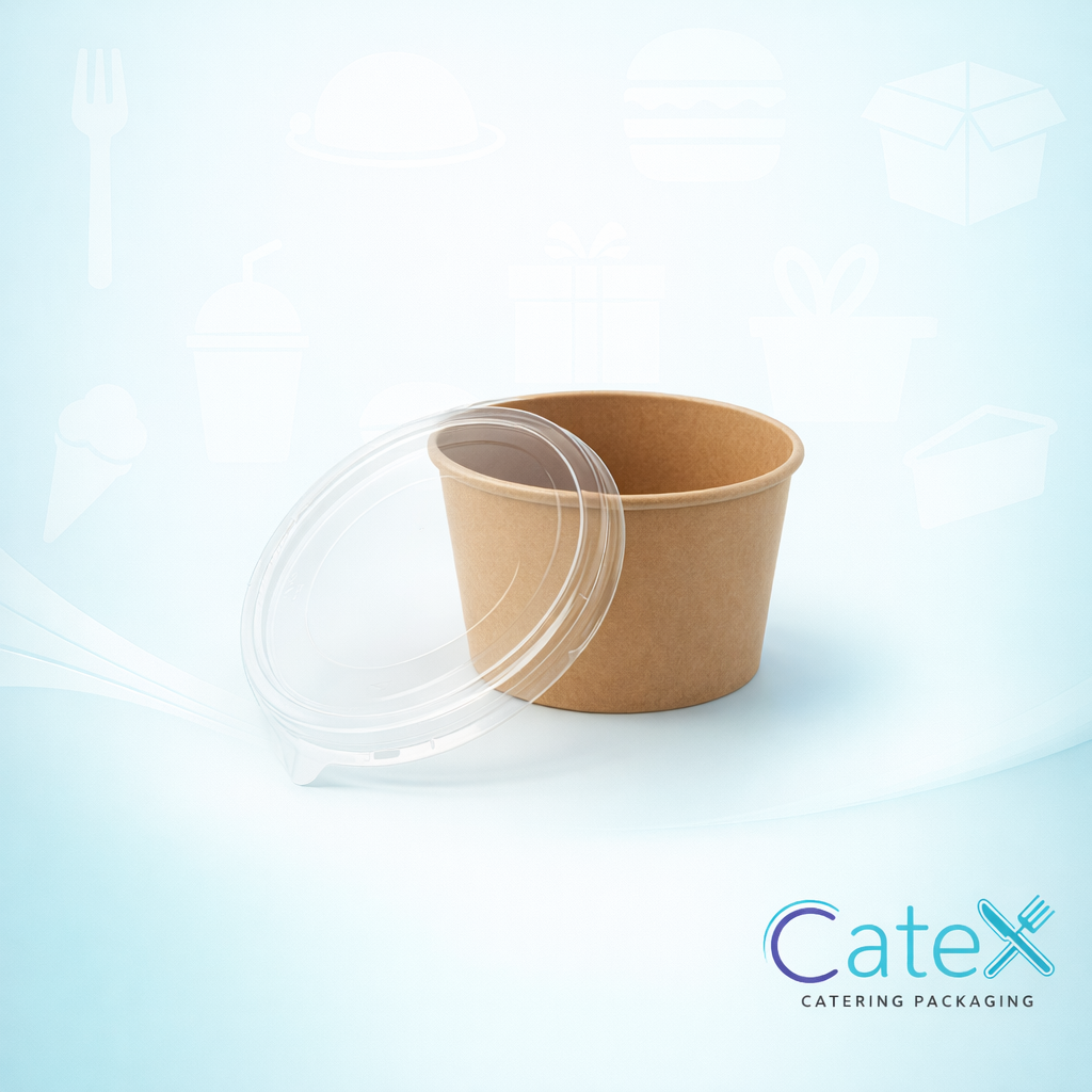 Bulk pack of 360 Leaf 1000ml kraft disposable salad bowls with clear plastic lids