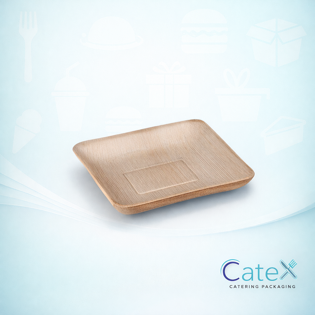 Bulk 200 pack of Naturesse 17x14cm palm leaf compostable trays with unique natural grain