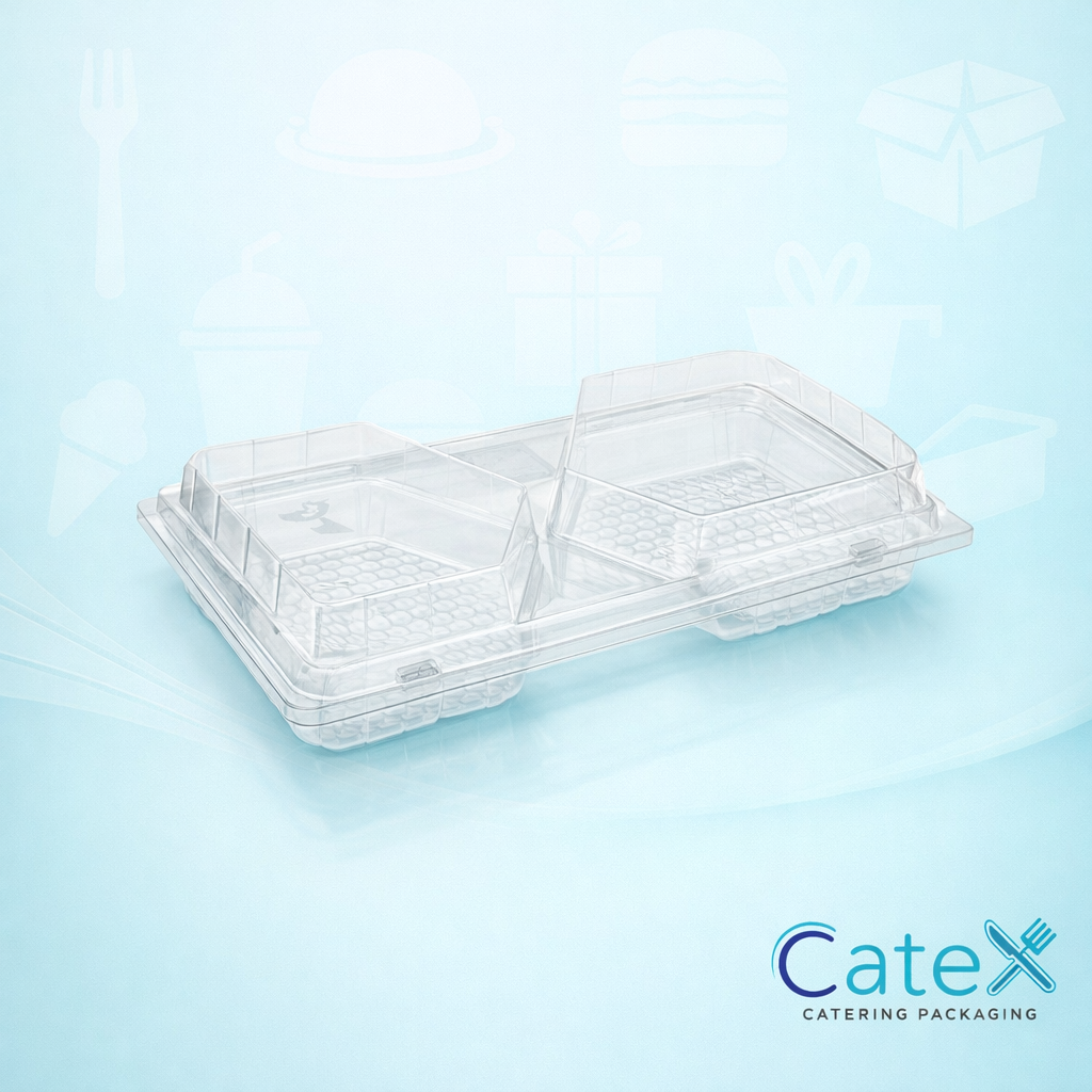 Patipack 2 Cavity Pastry Containers Ireland - Bulk pack of 200 clear 2-compartment hinged PET boxes