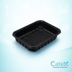 Bulk pack of 384 S4-45 black plastic food trays with integrated absorbent pads