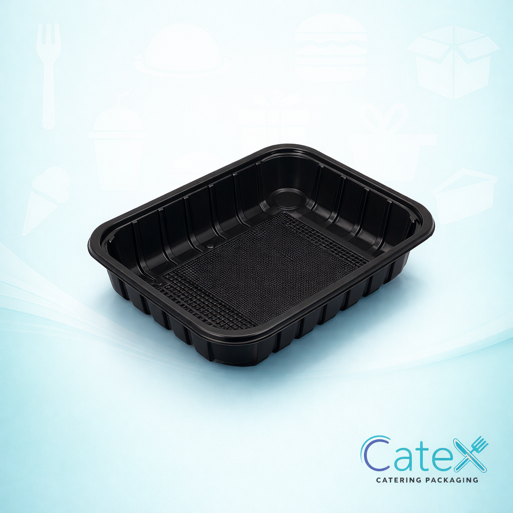 Bulk pack of 384 S4-45 black plastic food trays with integrated absorbent pads