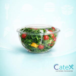 Bulk pack of 100 Sanplast 2400cc clear PET salad bowls with high-clearance domed lids