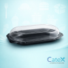 Bulk 100 pack of black octagonal catering platters with clear lids measuring 360x240mm