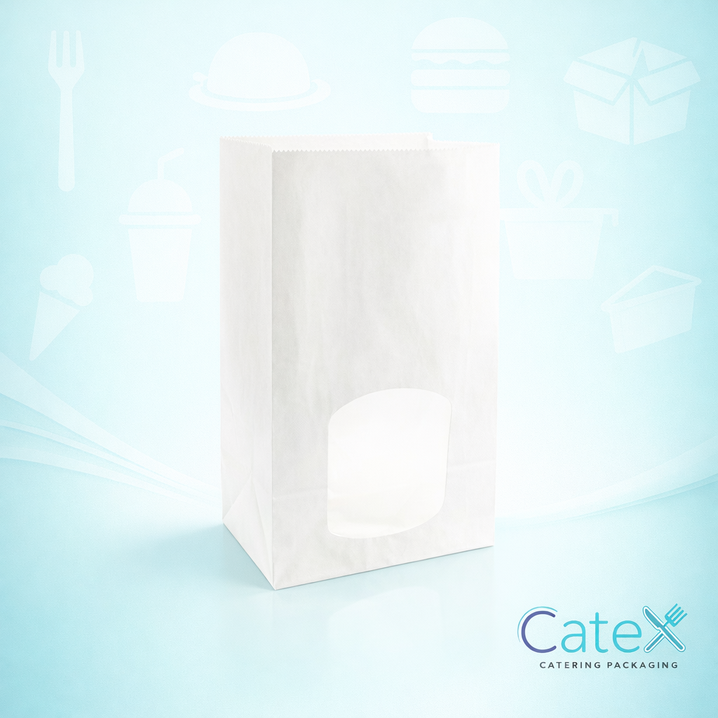 Pack of 250 white kraft paper bags with clear window measuring 6 x 4 x 10 inches