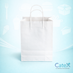 Bulk 150 pack of premium 100gsm white kraft paper carrier bags with twisted handles 240x110x310mm for boutiques