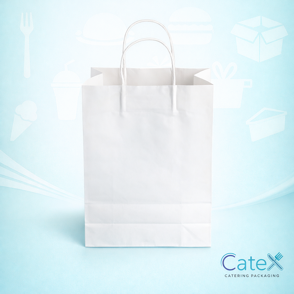 Bulk 150 pack of premium 100gsm white kraft paper carrier bags with twisted handles 240x110x310mm for boutiques
