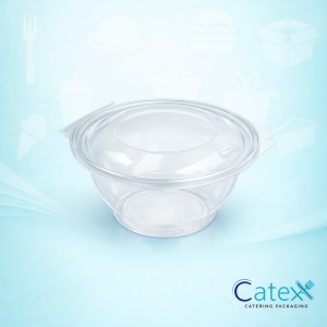 Bulk pack of 400 clear 1000cc round hinged salad bowls for professional deli and takeaway food service