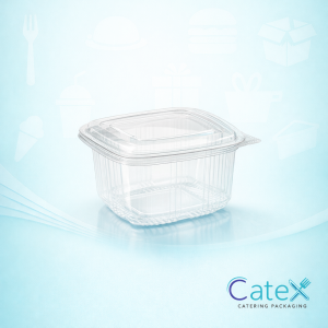 Pack of 400 clear square plastic salad containers with 1000cc capacity and hinged lids