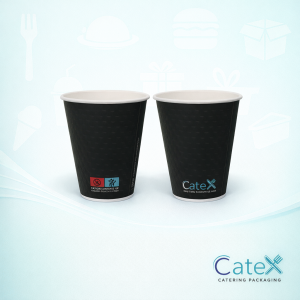 12oz black embossed double wall coffee cups for insulated takeaway hot drinks in Irish specialty cafes and catering