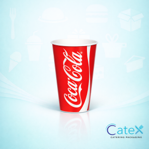Stack of official 12oz Coca-Cola branded paper cold cups for medium fountain drinks