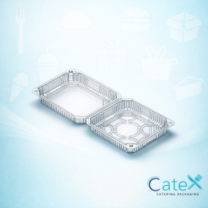 Pack of 250 clear plastic hinged food containers measuring 163 by 196 by 50mm with snap-lock lids