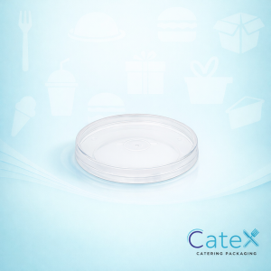 Stack of 16oz clear plastic soup cup lids for professional takeaway and catering use