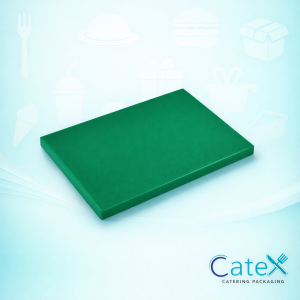 18 by 12 inch green professional chopping board for salad and fruit preparation in a commercial kitchen