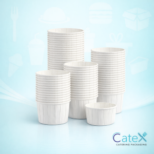 Small 1oz white pleated paper souffle cup for condiments and medical pill dispensing