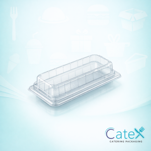 Pack of 300 deep clear plastic hinged food containers measuring 219 by 122 by 100mm with snap-lock lids