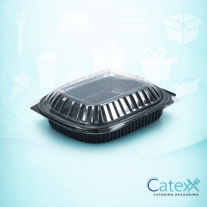 24oz black microwavable plastic food tray with a clear lid for takeaway and meal prep in Ireland