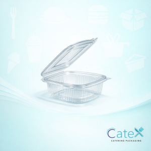 Stack of 250cc square plastic salad containers with clear hinged lids for food service