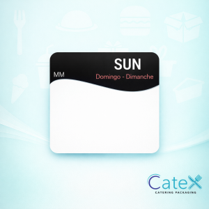 Roll of small 25mm square black Sunday food rotation labels with removable adhesive