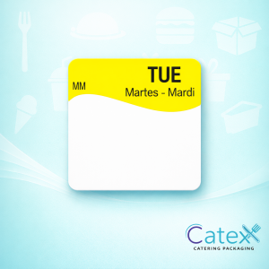 Roll of small 25mm square yellow Tuesday food rotation labels with removable adhesive