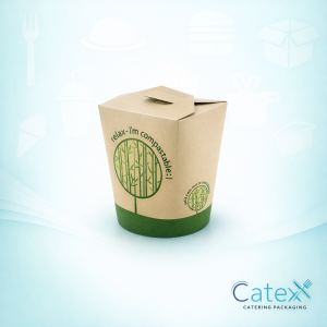 A 26oz compostable bamboo round noodle box with folded lid for an Irish takeaway