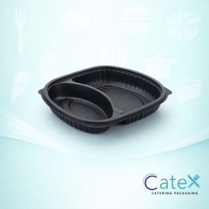 Black 36oz 2-compartment microwave tray base for takeaway and meal prep