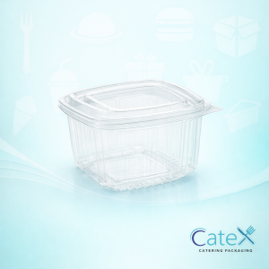 Pack of 600 clear square plastic salad containers with 375cc capacity and hinged lids