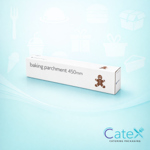 Pack of 6 extra-long 75M baking parchment rolls 450mm wide in professional cutter boxes